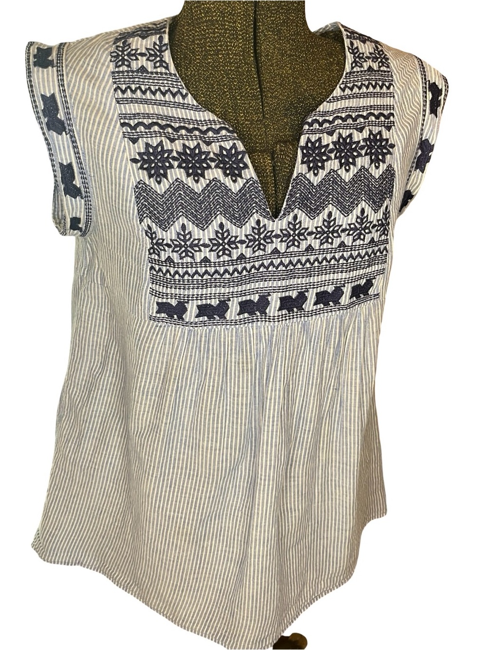 THML Embroidered Striped Boho Tunic Top Sz M Blue White Anthropologie Style - Picture 8 of 10